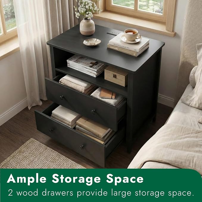 27 Inch LED Nightstand with Charging Station, 2 Drawers, Black | Solid Wood and Steel Frame, 2 AC Outlets, 2 USB Ports, RGB App Control, Open Storage, Adjustable Feet, for Bedroom or Office