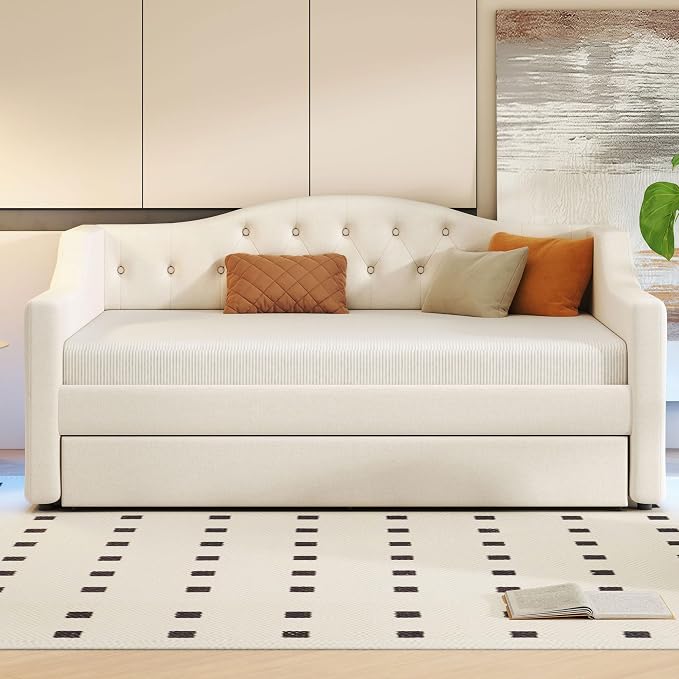 Merax Modern Upholstered Platform Bed Frame with Trundle Bed, Linen Sofa Day Bed with Headboard, No Box Spring Needed/Easy Assemble/Full XL,Beige