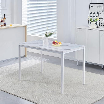 47 Inches White Faux Marble Dining Table for 2-4 People, Modern Rectangular Kitchen Table for Dinner Table for Dinner（MDF Top with Metal Legs and Frame