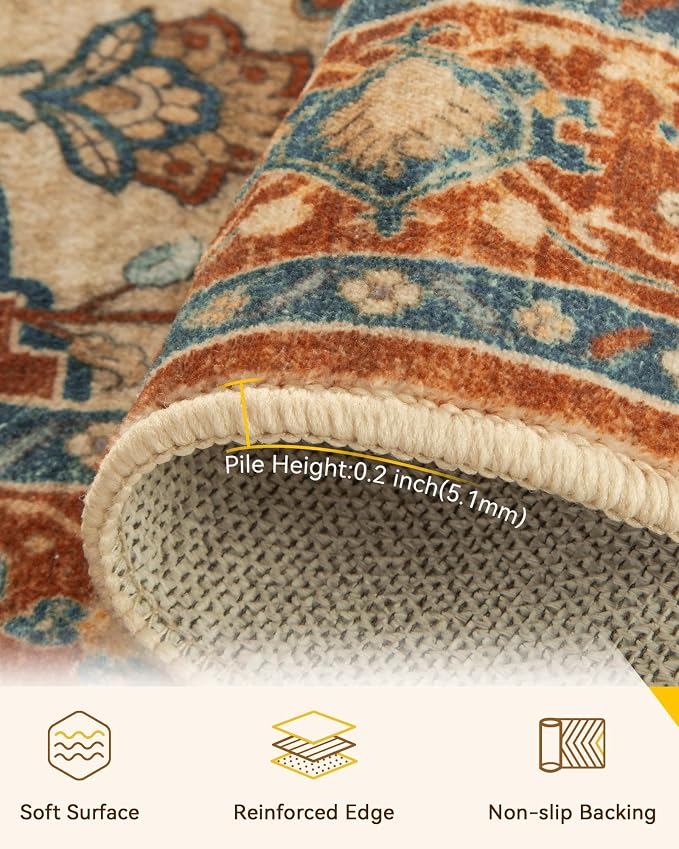 RELEANY Area Rugs 4'x5' Washable Non-Slip, Floral Vintage Distress Medallion Carpet for Living Room Bedroom Dining Room, Red Orange Blue Brown