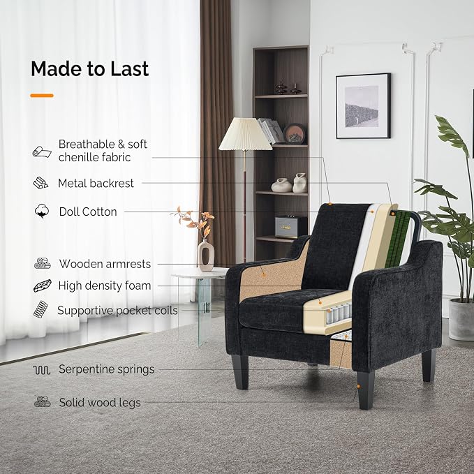VINGLI Mid-Century Modern Accent Chair, Black Chenille, 30" (W) x 30.7" (D) x 33" (H), 1 Seat, 380 lbs Weight Capacity
