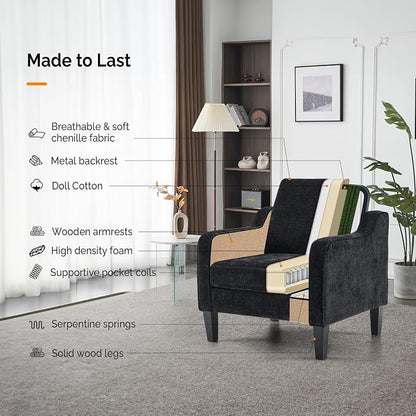 VINGLI Mid-Century Modern Accent Chair, Black Chenille, 30" (W) x 30.7" (D) x 33" (H), 1 Seat, 380 lbs Weight Capacity