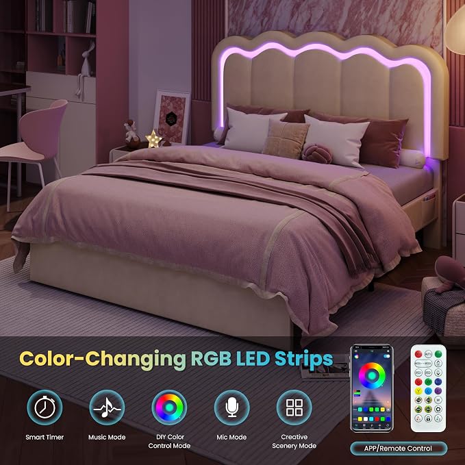 SHA CERLIN Upholstered Full Size Bed Frame with LED Lights and Large Storage Drawer, Velvet Platform Bed with Adjustable Wavy Headboard, Noise Free, Easy Assembly, No Box Spring Needed, Soft Cream