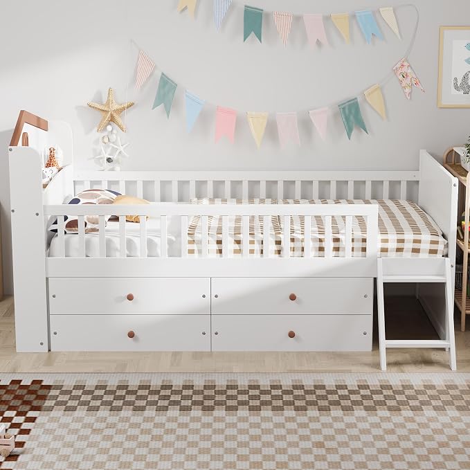 Bellemave Kids Twin Platform Bed with 4 Drawers & Storage Headboard, Wooden Twin Bed Frame with Safety Guardrails & Ladder for Kids Girls Boys, White