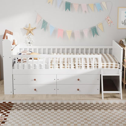 Bellemave Kids Twin Platform Bed with 4 Drawers & Storage Headboard, Wooden Twin Bed Frame with Safety Guardrails & Ladder for Kids Girls Boys, White
