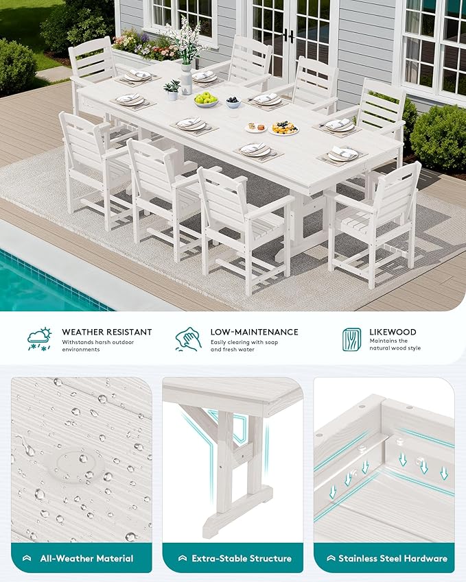 SERWALL 10 Piece 84" HDPE Outdoor Dining Set for 8 with 15ft Double-Sided Umbrella, White