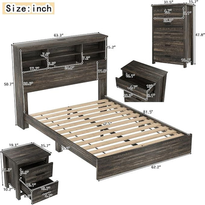 Merax 4-Pcs Queen Size Bed Frame Dresser Night Stand Bedroom Set, Platform with USB Charging Ports Storage Headboard & 1 x 5 Drawers Cabinet & 2 x Nightstands, Wooden, Antique Grey