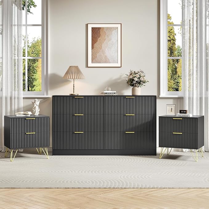 6 Drawer Dresser and Nightstand Sets for Bedroom, 3 Pcs Bedroom Set, Night Stand Set of 2 & 6 Drawer Dresser with Gold Handles, Modern Wood Chest of Drawers Storage Cabinet Set, Black