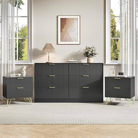 6 Drawer Dresser and Nightstand Sets for Bedroom, 3 Pcs Bedroom Set, Night Stand Set of 2 & 6 Drawer Dresser with Gold Handles, Modern Wood Chest of Drawers Storage Cabinet Set, Black