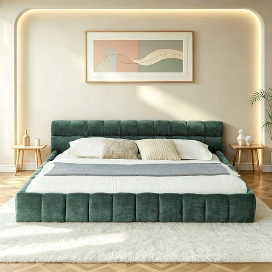 KEIKI California King Thick Chenille Platform Bed Frame with Upholstered Tufted Headboard, Modern Solid Wood Floor Platform for Bedroom, No Box Spring Needed