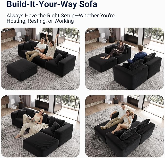 Avenco 35.4” Armless Modular Sofa Seat, Individually Wrapped Coil Support & Corduroy Fabric, Zero Assembly for Custom Sectional, Black