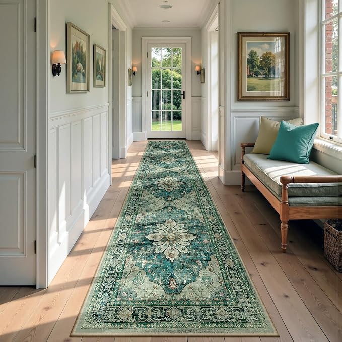 RELEANY Area Rugs Runner 2'6"x10' Washable Non-Slip, Floral Vintage Distress Medallion Carpet for Kitchen Hallway Bedroom Beside Laundry Room Bathroom, Dark Blue Vintage