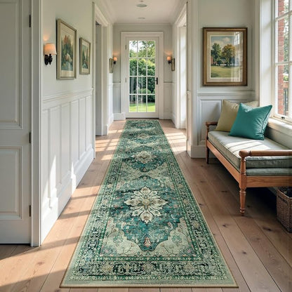 RELEANY Area Rugs Runner 2'x9' Washable Non-Slip, Floral Vintage Distress Medallion Carpet for Kitchen Hallway Bedroom Beside Laundry Room Bathroom, Dark Blue Vintage