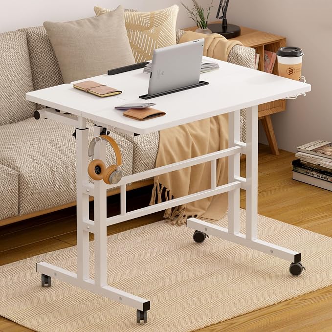 SogesHome 31.5 inch Mobile Standing Desk Adjustable Computer Desk Rolling Laptop Cart Portable Laptop Stand on Wheels Home Office Workstation with Cup Holder,Headphone Holder, Upgrade White