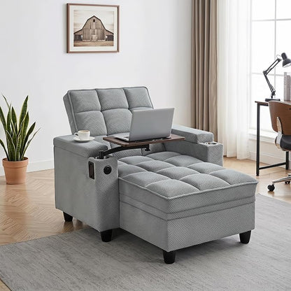 Convertible Sleeper Chair, Pull Out Sofa Bed with Adjustable Backrest & Hidden Storage Armrest, Single Sofa Recliner with USB Charging Port & Cup Holders for Living Room, Bedroom, Gray