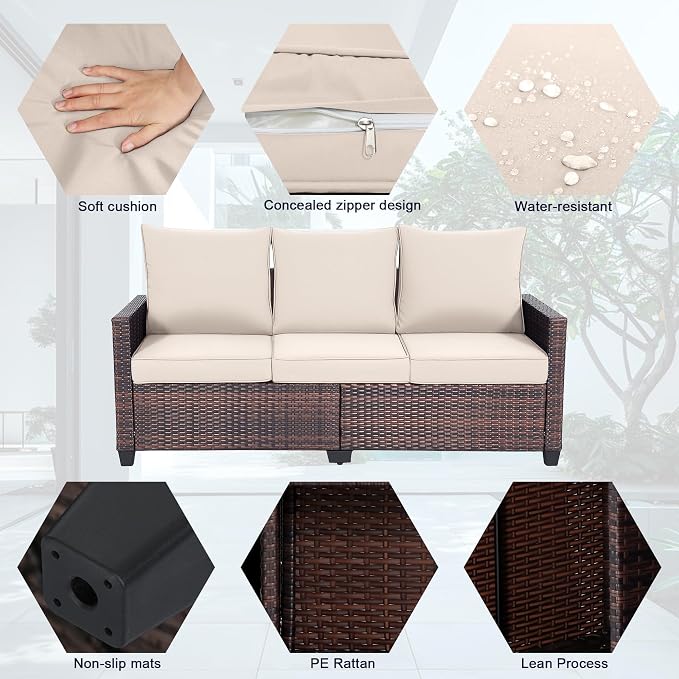 3-Seat Outdoor Sofa, PE Rattan, Beige | High Back Support,Deep Seat Comfort,All-Weather Cushions,For Patio/Garden/Deck,Modern Style