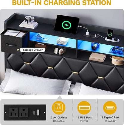 DWVO King Size Bed Frame with 2 Storage Drawers and Storage Headboard, Upholstered Platform with Charging Station and LED Light, No Box Spring Needed, Noise Free, Easy Assembly, PU Leather Black