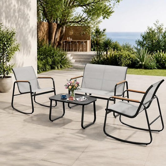 DWVO 4-Piece Patio Furniture Set, Textilene Conversation Set with Wooden Armrest Rocking Chairs and Tempered Glass Table for Indoor Outdoor Patio Lawn Garden Poolside, Grey