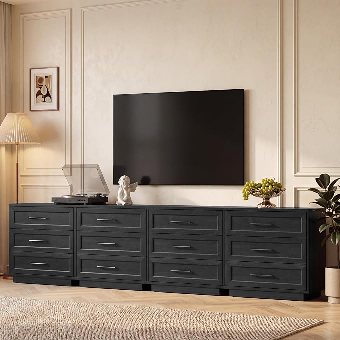 Fatmok Hotmeily 31.5" Wide Nightstand with 3 Drawers Set of 4, Oversized Wooden Bedside Storage Cabinet, Large Bedroom Side Table with Storage, Black Grey
