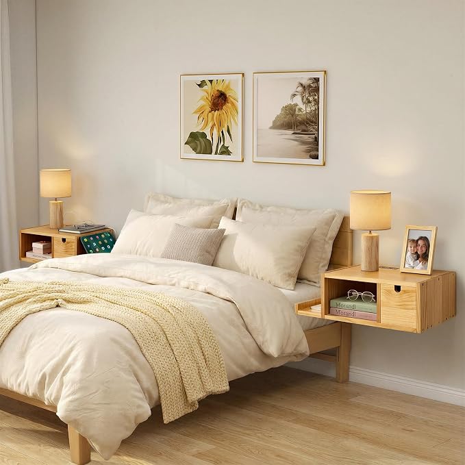 Afuly Floating Nightstand with Charging Station, Wall Mount Night Stand with Drawer Hanging Bedside Table End Table, Solid Wood Modern Side Table Shelf for Bedroom Natural Wooden Decor