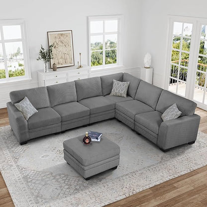 Legend Vansen Oversized Modular Sectional Sofa,7 Seat U Shaped Couch with Ottoman,Corduroy Sofa with Deep Seat,Convertible Large Sectional Couches for Living Room (Grey, L-9）