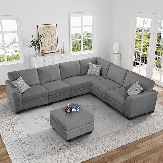 Legend Vansen Oversized Modular Sectional Sofa,7 Seat U Shaped Couch with Ottoman,Corduroy Sofa with Deep Seat,Convertible Large Sectional Couches for Living Room (Grey, L-9）