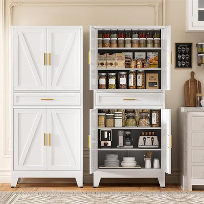 Baborokic 71" Tall Metal Storage Cabinet with Adjustable Shelves,Farmhouse Kitchen Pantry Cabinet with 2 Barn Doors and Drawer,Large Storage Cabinets for Dining Room,Office,Kitchen(White)