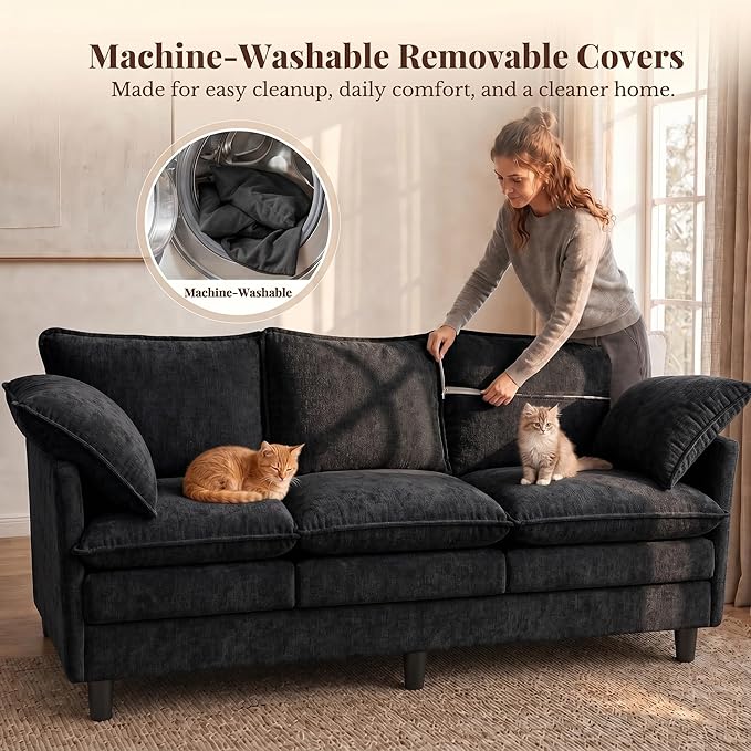KYJ 69 Inch Small Sofa, 3-Seater Loveseat Couch with Cloud 2 Layer Cushion, 22.8" Deep Seat, Oversized Pillows, Chenille Fabric, Compact for Small Spaces,Apartment, Living Room, Studio, Office, Black