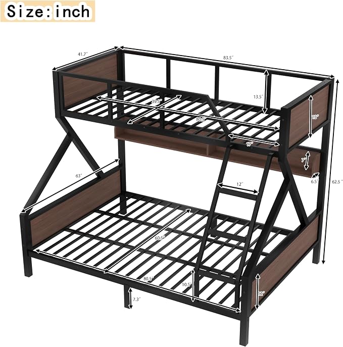 Bellemave Bunk Bed Twin XL Over Queen with LED, Heavy Duty Metal Bunk BedFrame with Storage Shelves and Lights, Black