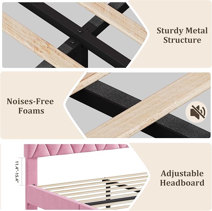 GAOMON Pink Queen Bed Frame with Upholstered Headboard, Heavy-Duty Platform Bed Frame with Strong Wood Slats, No Box Spring Needed/Noise Free/Easy Assembly