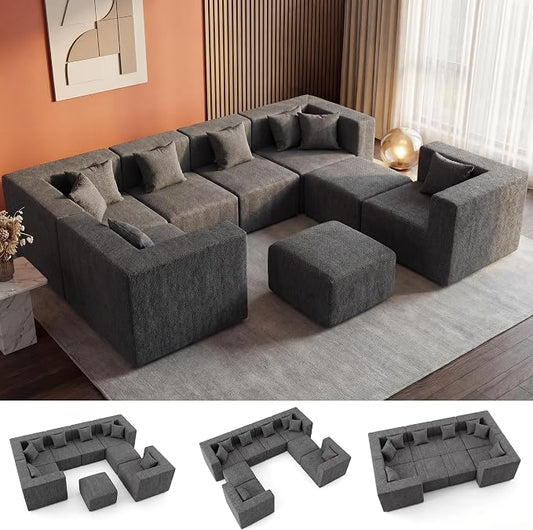 MONVANE Modular Sectional Sofa, Oversized 8 Seat Convertible U Shaped Couch with Ottoman, Comfy Chenille Cloud Couch with Deep Seat, Sectional Couches for Living Room, No Assembly Required, Grey