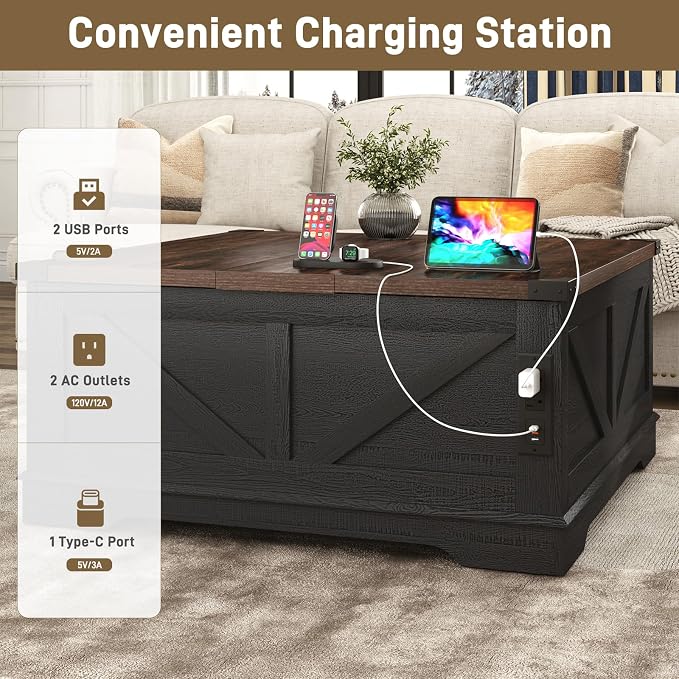 Hlivelood 40” Large Farmhouse Lift Top Coffee Table with Power Outlets and Large Hidden Storage, Square Wood Living Room Tables, Multi-Function Lift Wooden Barn Door Center Table, Black