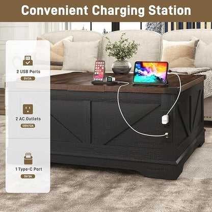 Hlivelood 40” Large Farmhouse Lift Top Coffee Table with Power Outlets and Large Hidden Storage, Square Wood Living Room Tables, Multi-Function Lift Wooden Barn Door Center Table, Black
