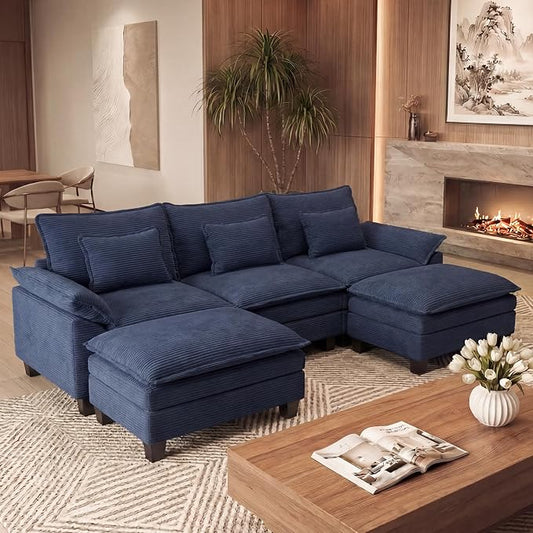 URRED Oversized Modular Sectional Sofa, 122" U Shaped Modern Comfy Cloud Couch with Movable Ottoman & Pillows, Deep Seat Couches for Living Room, Bedroom or Apartment (Corduroy Blue, 122" U Shaped)