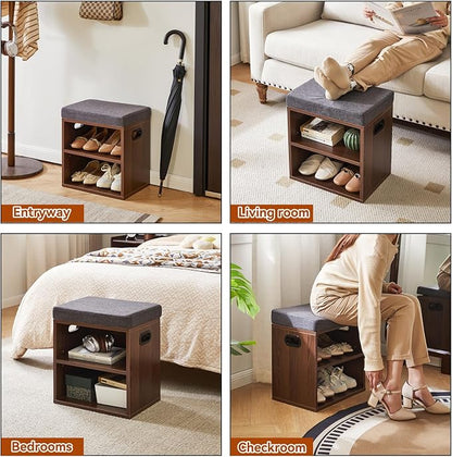 YMYNY Small Shoe Storage Bench with Cushion, 2 Tier Entryway Bench with Shoe Storage, Shoe Rack Bench for Entryway, Living Room, Hallway, Closet, Bedroom, 15.4L*11W*16.54H, Light Walnut HBD028LW