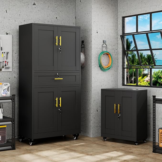 GAIOUS 71” Tall Metal Garage Storage Cabinet with Wheels and Drawer, Steel File Cabinet for Home Office, Tool Cabinet with 4 Locking Doors and 3 Adjustable Shelves, Rolling Cabinet for Garage-Black