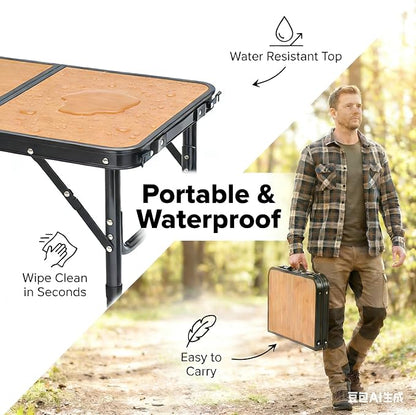 Mini Folding Camping Table - 2ft RV Space-Saving Table& Kids Toy/Learning Desk, Anti-Stain Desktop for Outdoor Glamping/Picnic/Patio & Indoor Decor (Retro Bamboo Pattern)