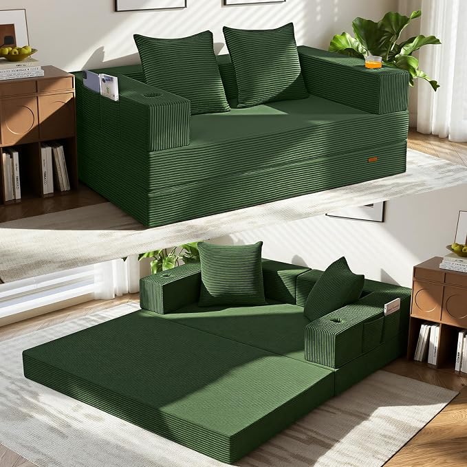 COMAX Futon Sofa Bed, Convertible Sofa Bed, Folding Boneless Couches | Boneless Couch for living room, 4‑in‑1 Fold Out Small Foldable Loveseat Floor Sleeper Mattress Lounge Space‑Saving, Green