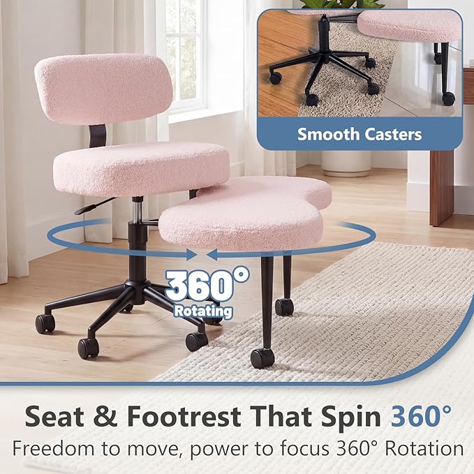 DUMOS Ergonomic ADHD Cross Legged Office Desk Chair with Adjustable Backrest, Height Adjustable Meditation Chair with 360° Swivel Footstool, Teddy Fleece Yoga Stool for Home Office, Pink