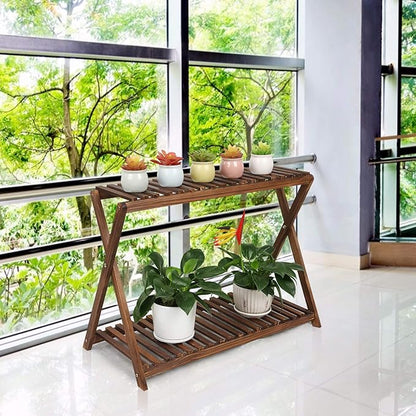 Wood Plant Stand Indoor Outdoor 2 Tier Plant Shelf Plant Table Bench Corner | Stepped Flower Display Stand Planter Shelf Holder Rack in Patio Balcony Entryway Porch Livingroom (Classic X-Cross Design)
