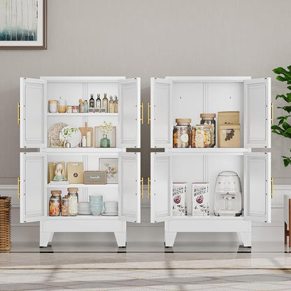 47” White Metal Bathroom Storage Cabinet, Kitchen Pantry Cabinet | Steel Storage Cabinet with Doors and 3 Adjustable Shelves, Bathroom cabinets Organizer, for Home Office, Bedroom