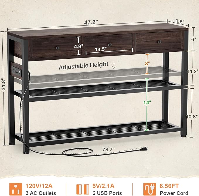 Ecoprsio 47'' Entryway Table with Outlets and USB Ports, Console Table with 3 Drawers, Sofa Table Narrow Long with Storage Shelves for Living Room, Couch, Hallway, Foyer, Black Walnut Finish