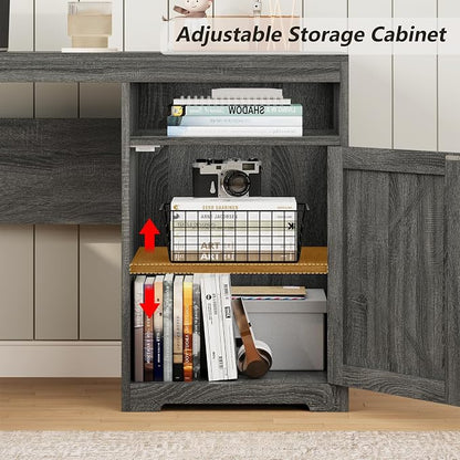 YOMILUVE 63" Farmhouse L Shaped Executive Desk with Drawers & Storage Shelf, Corner Computer Desk with Power Outlets, L Shaped Office Desk with Monitor Stand, Printer Shelf, Dark Gray