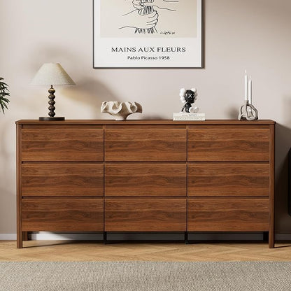 Furniway 63" Mid-Century Modern Dresser for Bedroom, 9 Drawer Wide Chest of Drawers with Wood Legs, Large Storage Bedroom Dresser, Walnut