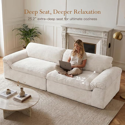 Vesgantti 118" Boneless Couches for Living Room, Cloud Sectional Couch & Deep Seat, 3 Seater Comfy Corduroy Modular Sofa, Modern Slouch Couch, No Assembly Required, White