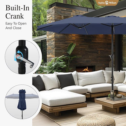 Sophia & William 7pc Patio Dining Set with Navy Umbrella, 6 Rattan Chairs | 6 cushioned rattan chairs + 1 metal table with umbrella. Perfect for backyard, deck, porch. Durable all-weather frame.