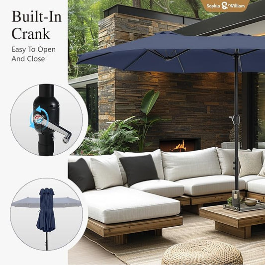 Sophia & William 7pc Patio Dining Set with Navy Umbrella, 6 Rattan Chairs | 6 cushioned rattan chairs + 1 metal table with umbrella. Perfect for backyard, deck, porch. Durable all-weather frame.