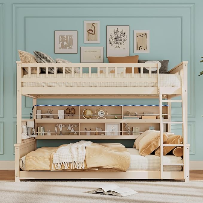 Merax Full Over Queen Bunk Bed,Wood bunk Bed with LED,Bed with Integrated Shelving, Color-Changing Lights and Pegboard, Full XL Over Queen, Beige