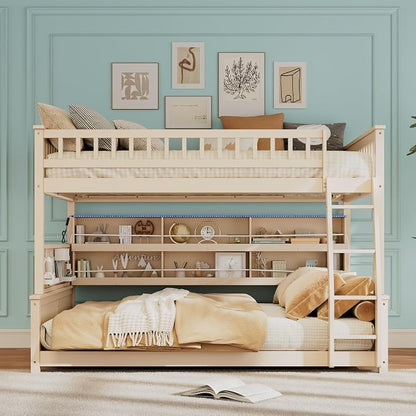 Merax Full Over Queen Bunk Bed,Wood bunk Bed with LED,Bed with Integrated Shelving, Color-Changing Lights and Pegboard, Full XL Over Queen, Beige