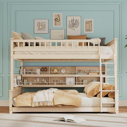Full XL Over Queen Bunk Bed, Wood Bunk Bed with Integrated Shelving, Color-Changing Lights and Pegboard for Kids Teens Adults, Beige